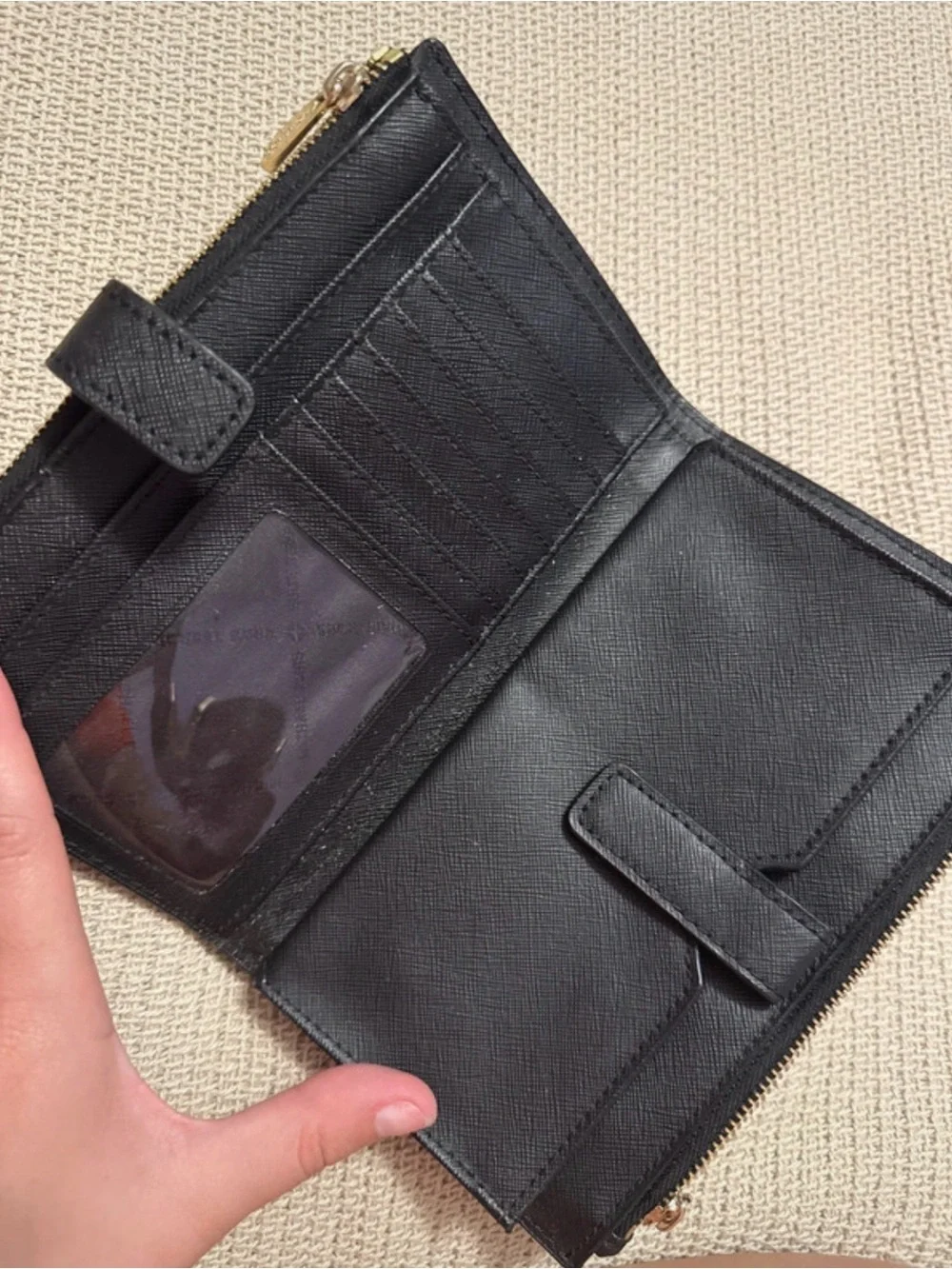 Michael Kors Black Saffiano Leather Zip Card Wallet with Gold Logo